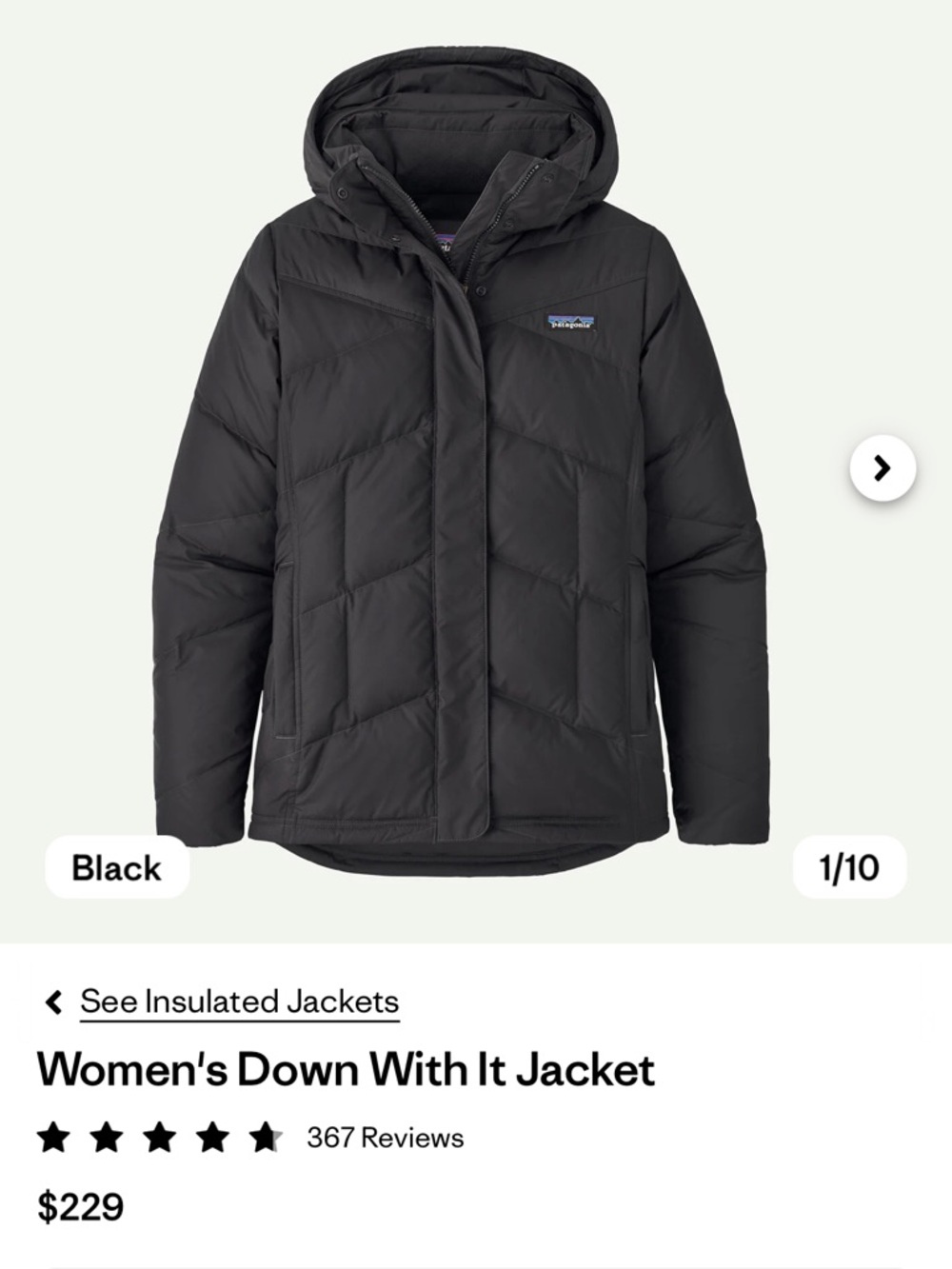 Patagonia Women's Black Down With It Insulated Jacket Black XS EUC